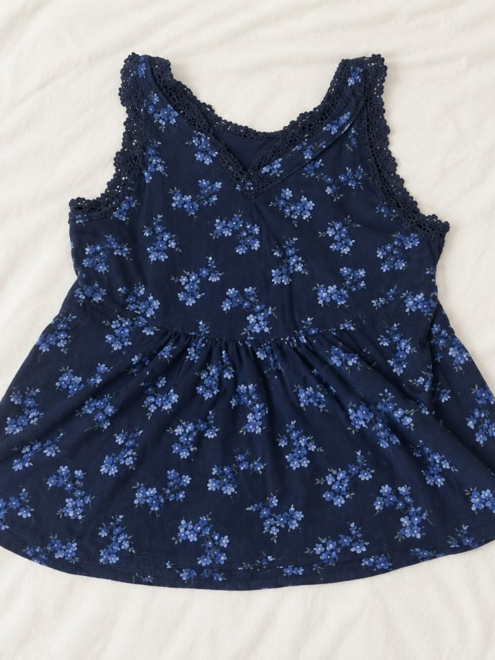 Lucky Brand L Navy Blue Floral Tassel Tie Babydoll Blouse Boho Lace Trim